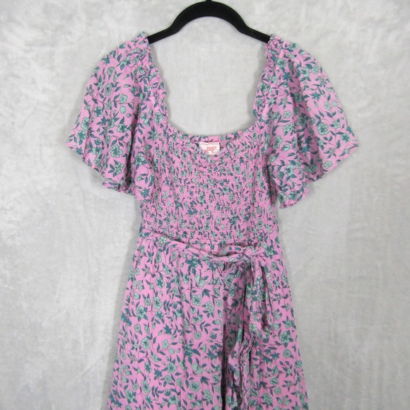 Banjanan Midi Dress XS Pink Floral Print Smocked Ruffle Sleeve Camilla Cotton - Picture 8 of 14